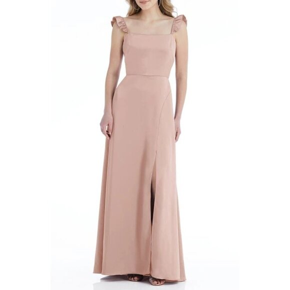 NWT Social Bridesmaids Ruffle Sleeve Tie Back Charmeuse A-Line Gown Size 2 #8207 - Picture 1 of 15